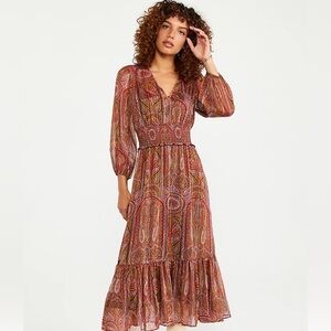 Ann Taylor Shimmer Paisley Smocked Waist Maxi Dress Sz 14 NWT Fall Metallic